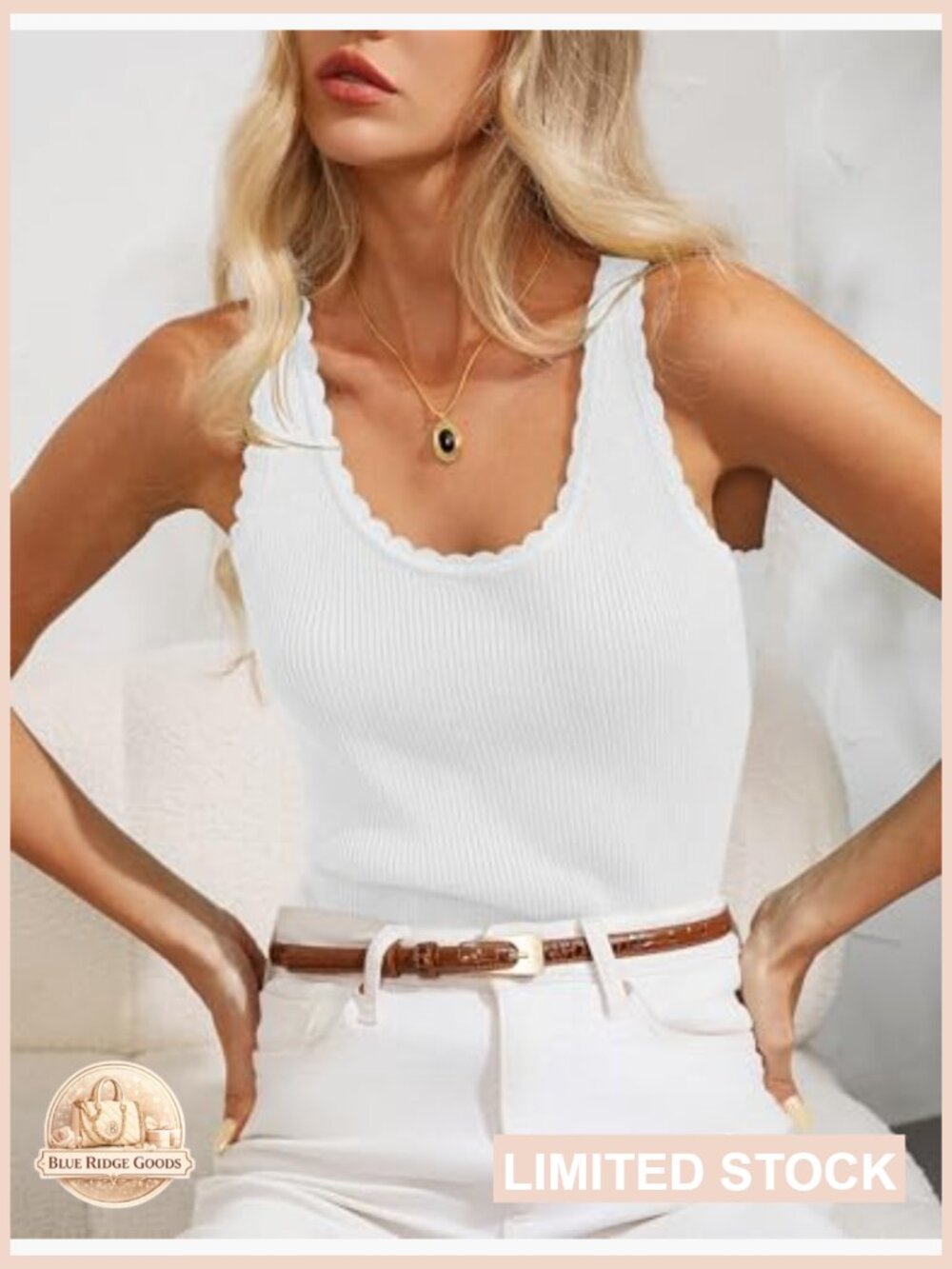 Scoop Neck Sleeveless Tank Top Ribbed Knit Scallop Edge Summer Casual Vest - Picture 3 of 7